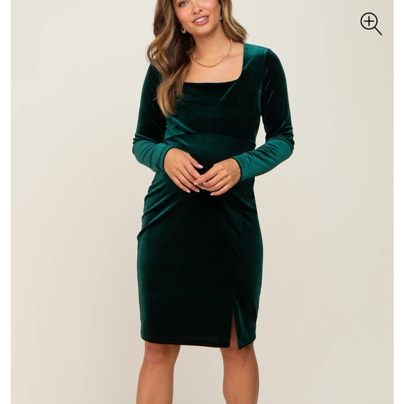 Pink Blush Forest Green Velvet Long Sleeve Side Slit Maternity Dress - Picture 4 of 10